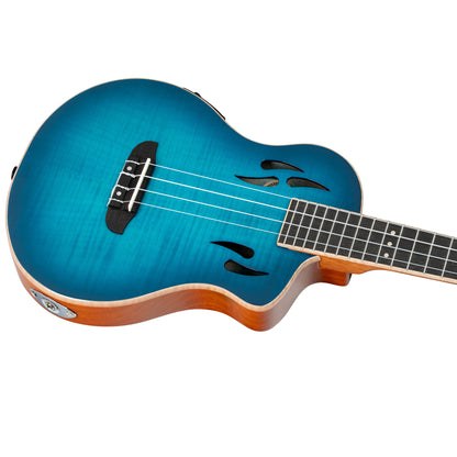 RTPX-U-FMA, modèle Tourplayer Ténor, pan coupé, EQ Magus X/U, table érable flammé, f/e okoumé, manche acajou, housse, bleu