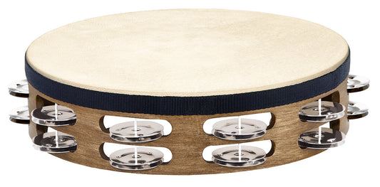Tambourin bois avec peau de chèvre sélectionnée à la main, 2 rangée de cymbalettes acier inoxydable, Walnut Brown
