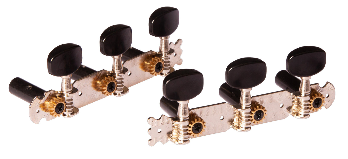 Jeu de mécaniques pour guitare classique série Student, ratio 14:1, plaques chromées, boutons noirs nacrés