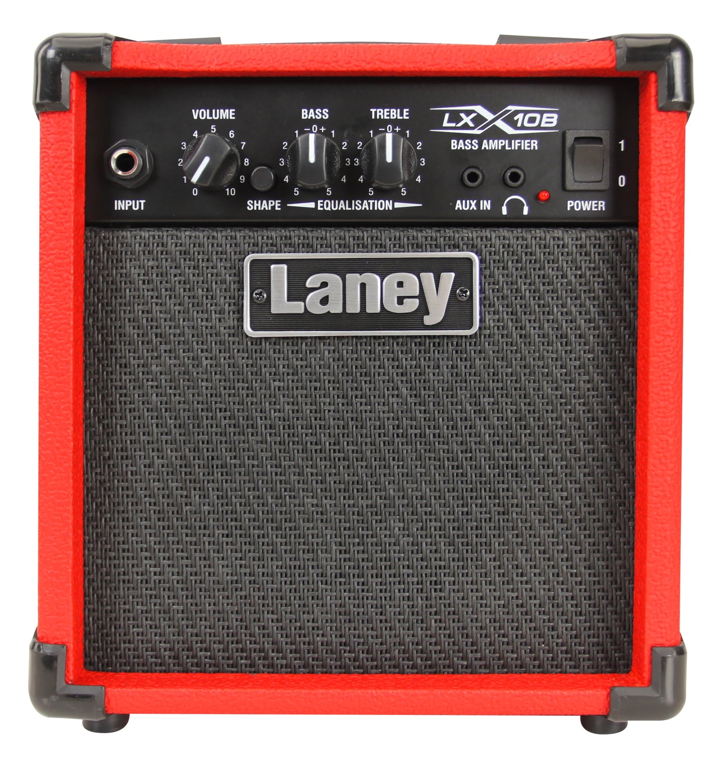Ampli basse électrique 10W, 1x HP 5", 1 canal avec switch Shape, entrée jack, EQ 2 bandes, entrée auxiliaire, rouge