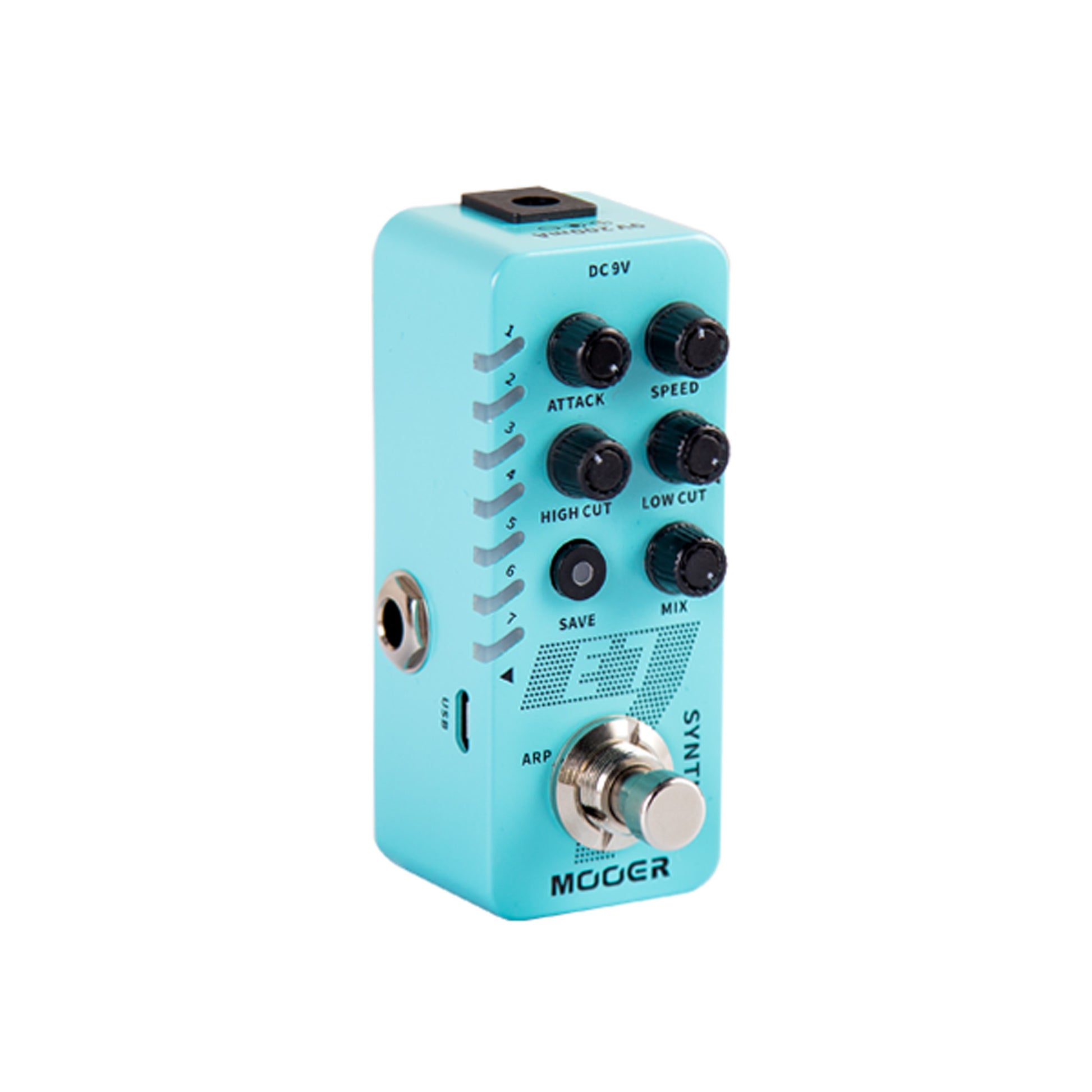 Pédale E7 SYNTH, synthétiseur guitare polyphonique, 7 types de sons, 7 presets utilisateurs, boîtier métal, true bypass, bleu