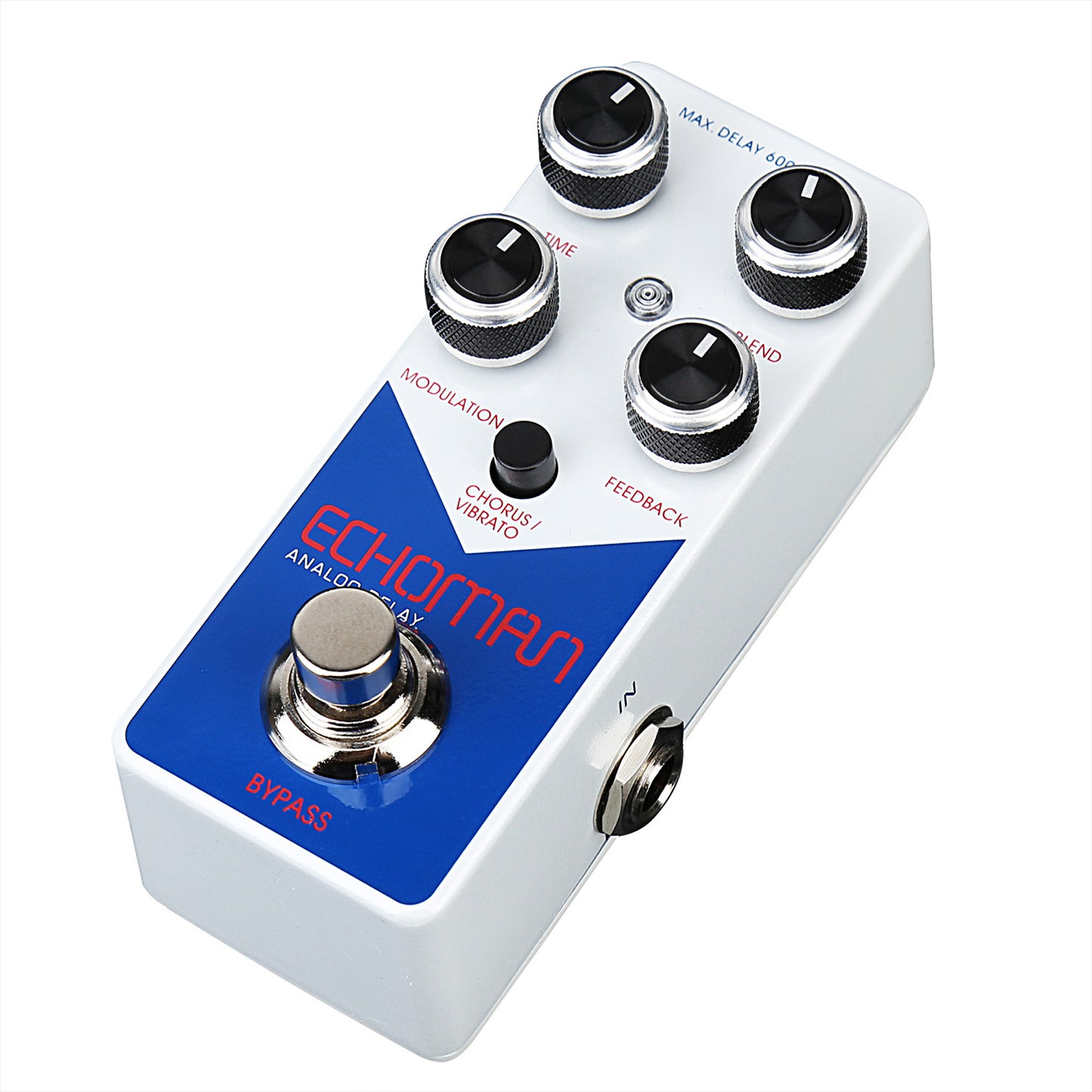 Pédale d'effet ECHOMAN, délai type analogique (jusqu'à 600 ms), modulation (CHORUS/VIBRATO), buffered bypass, blanc et bleu