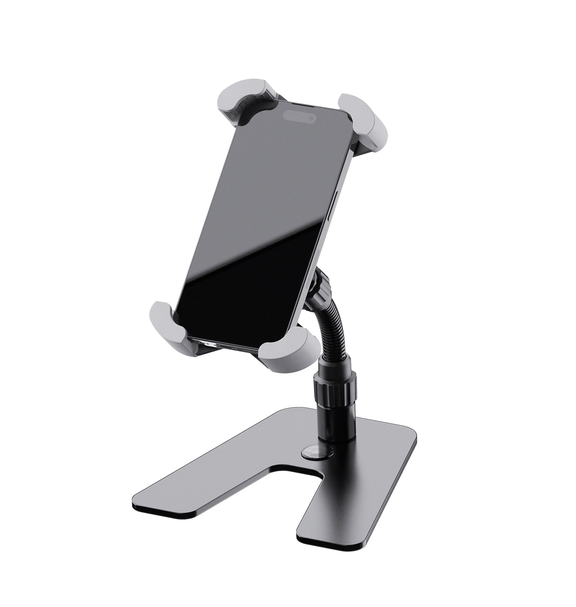 Support tablette de table design, acier et plastique, bras de maintien flexible, noir.