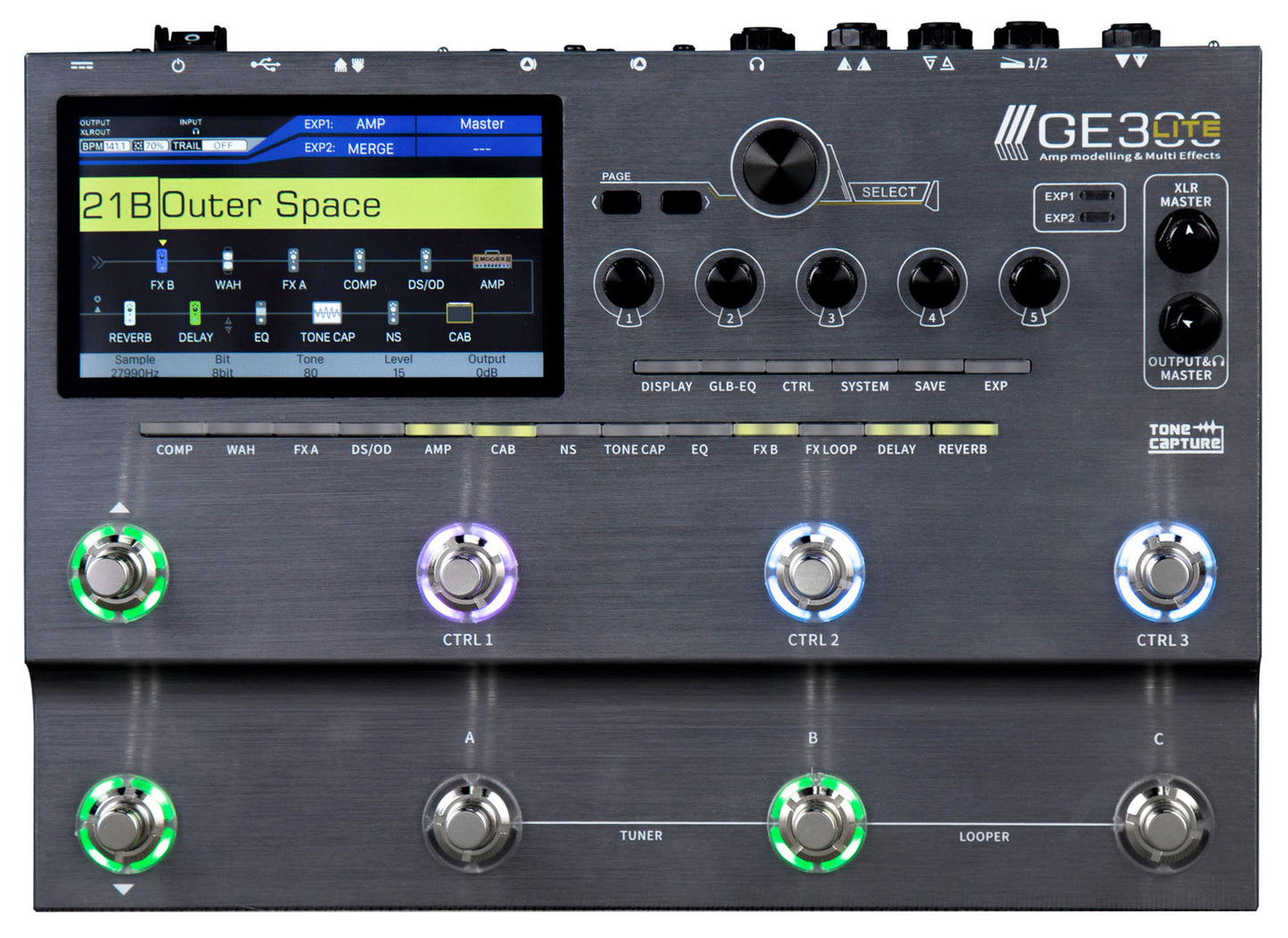 Pédalier multi-effets GE300 Lite, 108 simulations d'amplis, 43 simulations de haut-parleurs (IR), 256 presets utilisateurs, noir