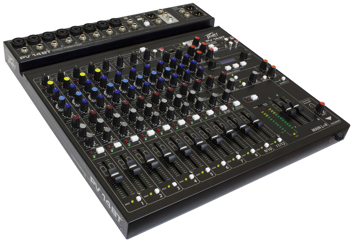 Table de mixage 14 canaux, 8 préamplis micro XLR/Jack, EQ 3 bandes, Bluetooth, effets numériques, entrée guitare Hi-Z, noir