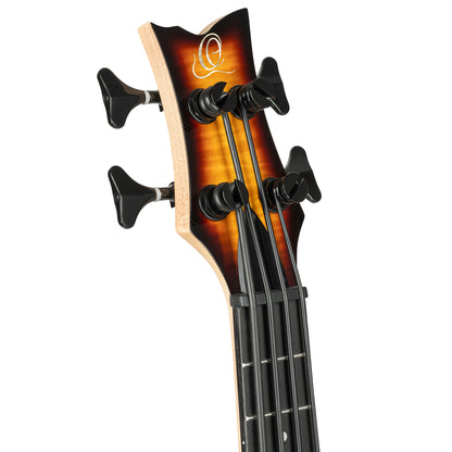 NEO-BS-TSB, modèle Ukebass, pan coupé, EQ MagusExpress, table érable flammé, corps okoumé, manche érable, housse, tobacco burst
