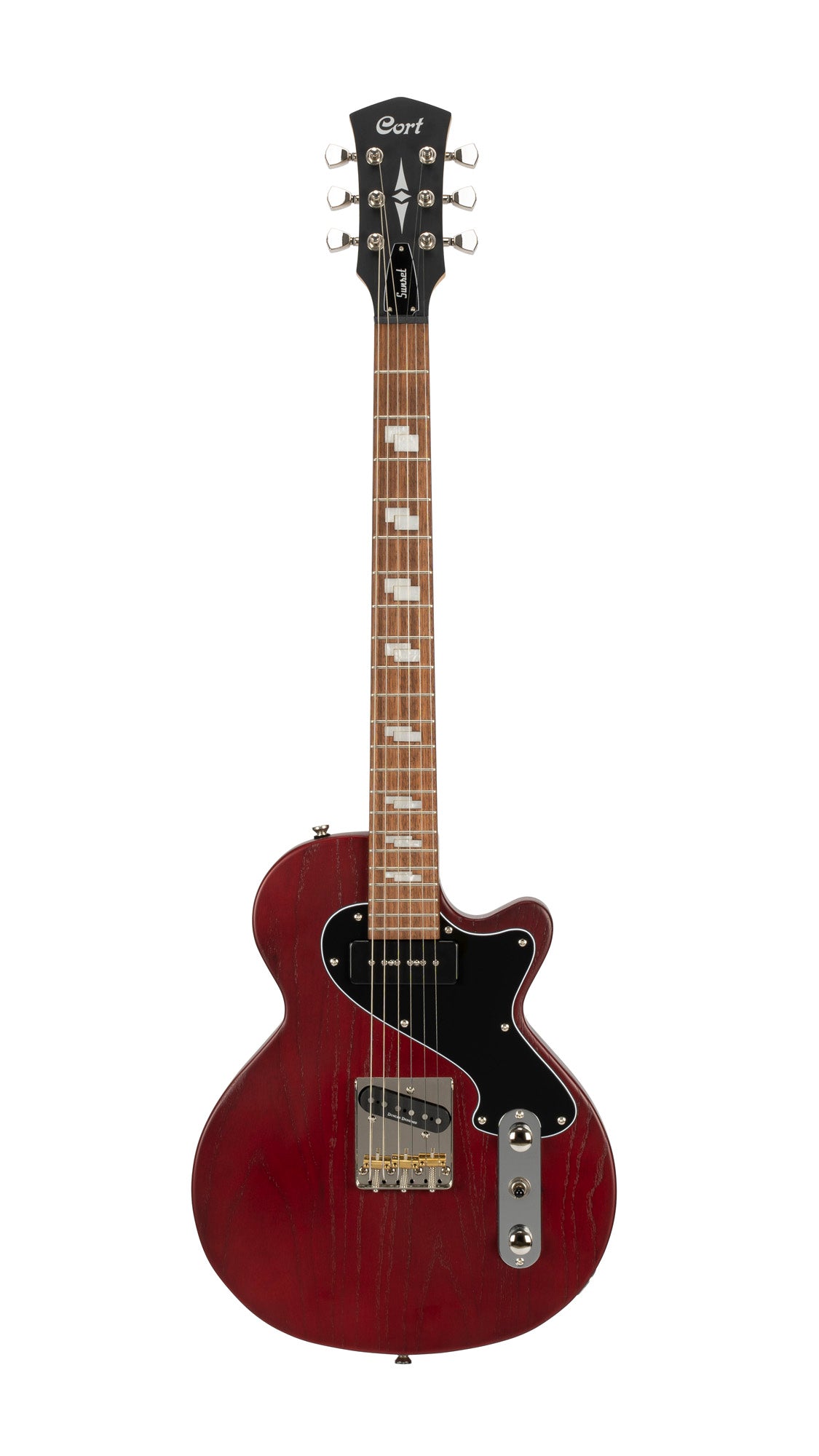 SUNSET TC, corps frêne, manche érable, touche jatoba, 2 micros CORT Voiced Tone, bordeaux pores ouverts