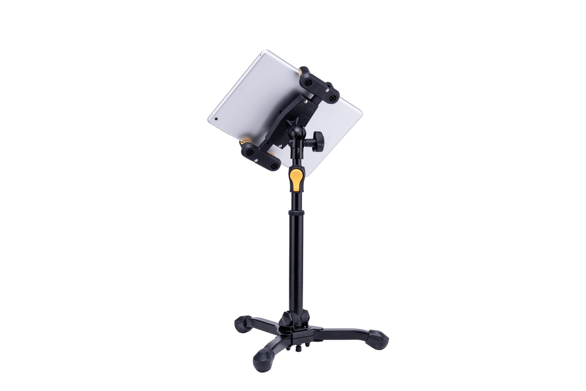Support de table pour tablette et smartphone 6,1" à 13", hauteur 31,5 à 39,5 cm, rotation 360°, noir et jaune