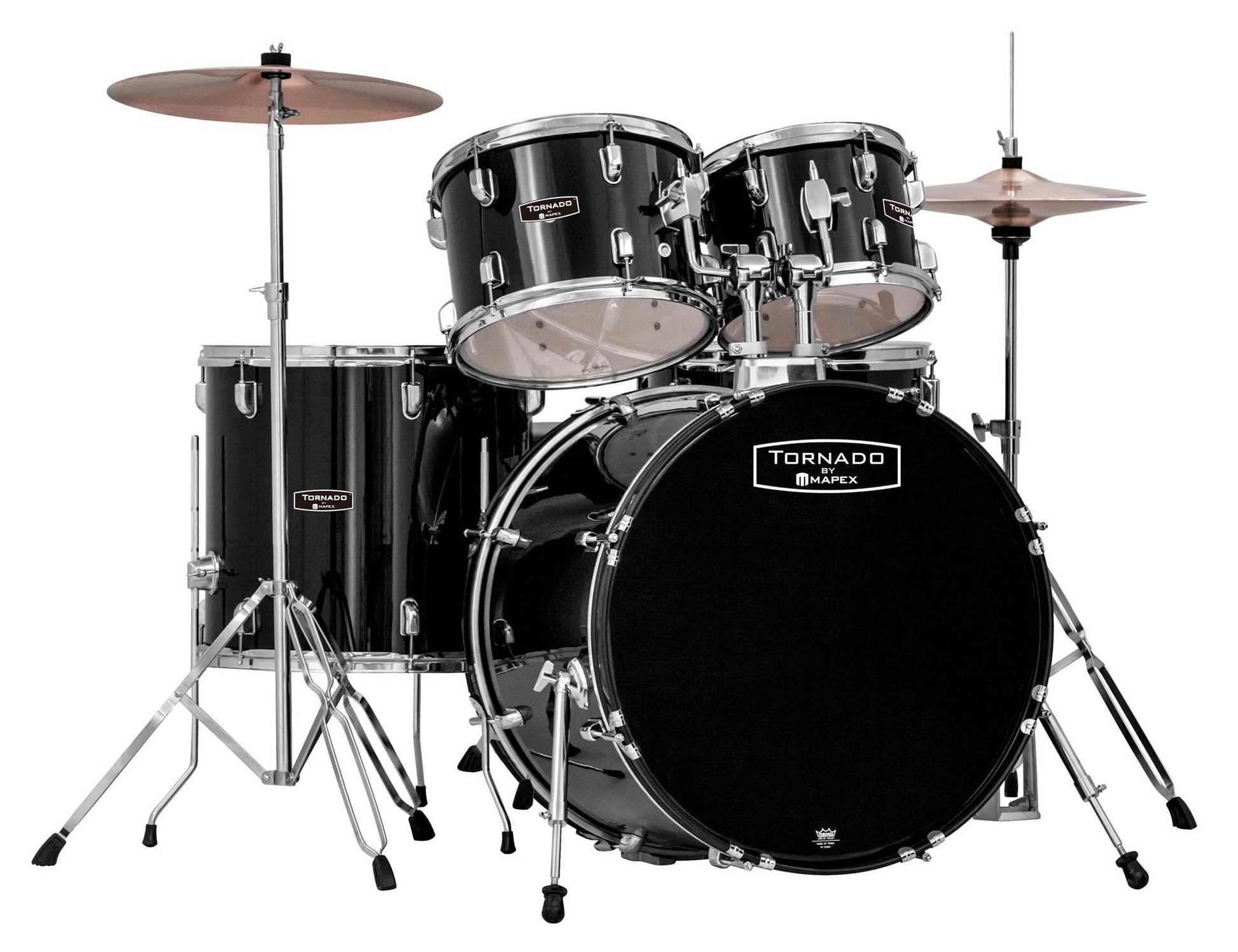 Batterie Tornado Jazz, 5 fûts en tilleul, avec accessoires, Noir brillant, accastillage chrome
