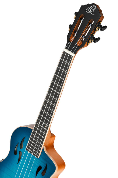 RTPX-U-FMA, modèle Tourplayer Ténor, pan coupé, EQ Magus X/U, table érable flammé, f/e okoumé, manche acajou, housse, bleu