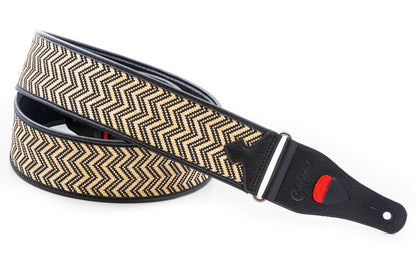 Courroie modèle VICTORIA, fibre naturelle, largeur 6 cm, longueur 95 à 150 cm, porte-médiators intégré, beige et noir