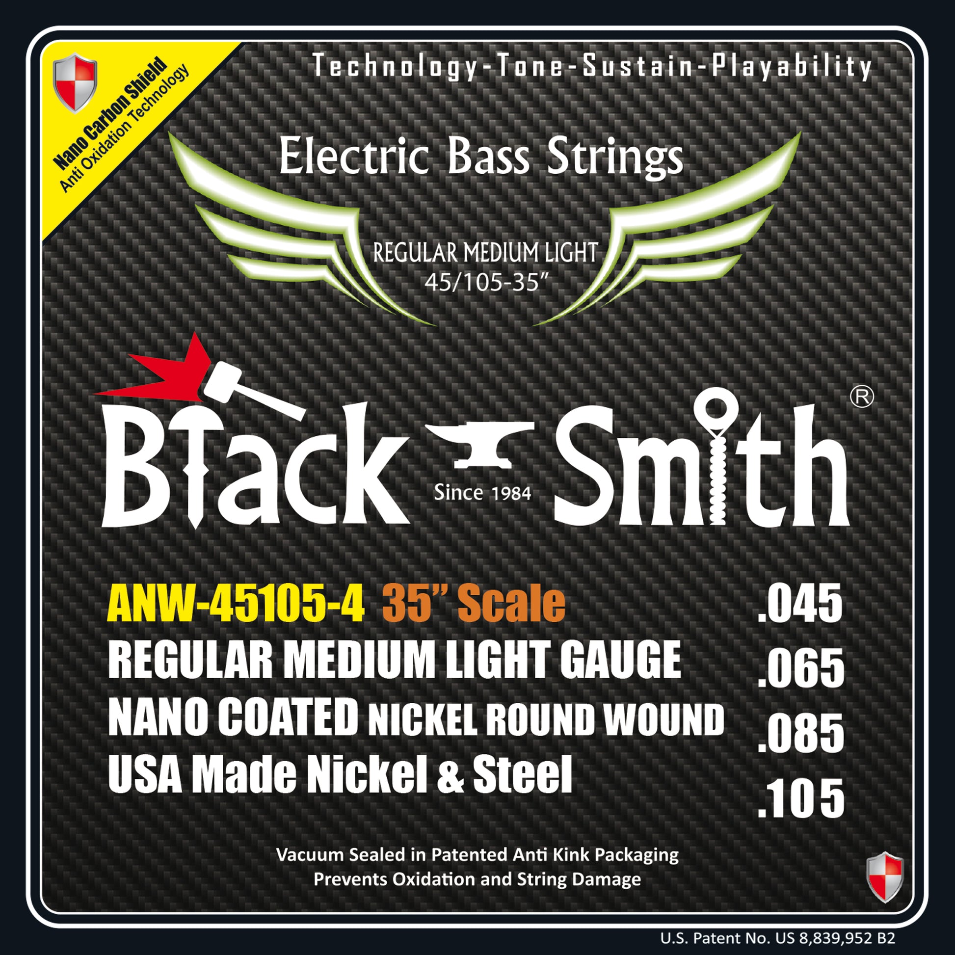 Jeu de cordes pour basse électrique 4 cordes (45-65-85-105), diapason 35", nickel filé rond, revêtement Nano Carbon AOT