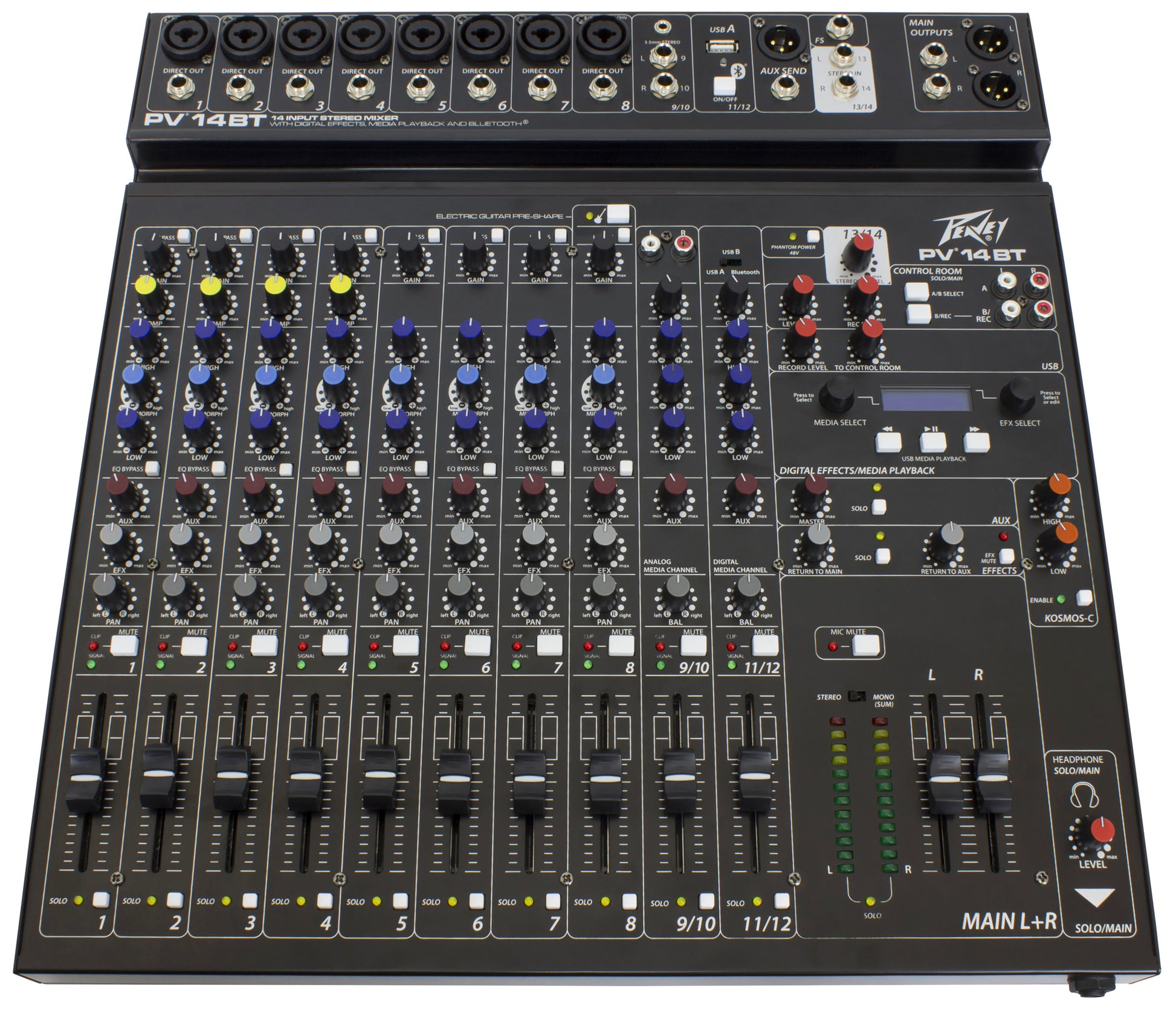 Table de mixage 14 canaux, 8 préamplis micro XLR/Jack, EQ 3 bandes, Bluetooth, effets numériques, entrée guitare Hi-Z, noir