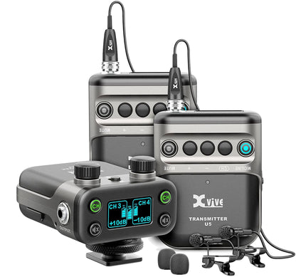 Système HF pour vidéo et interview U5, deux émetteurs et un récepteur, 2 micros Lavalier LV1, 3 batteries rechargeables, noir
