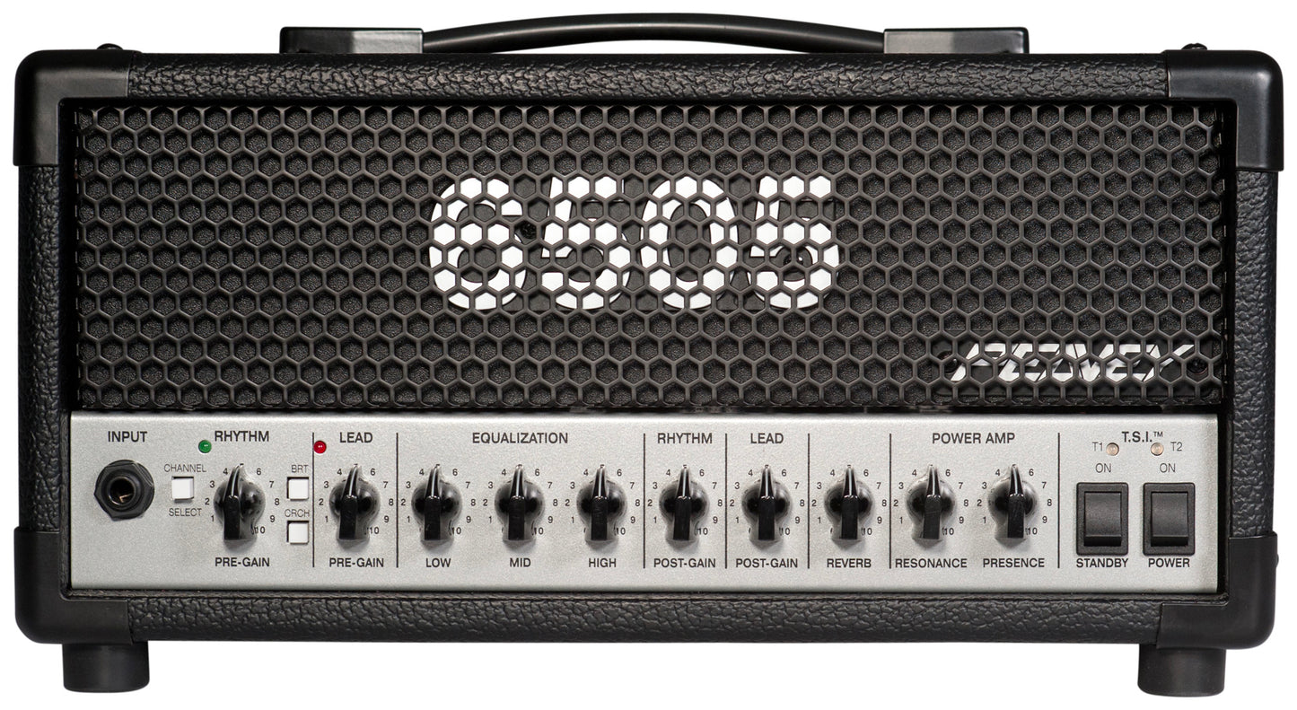 Tête amplifiée à lampes compact 20W, 2 canaux, EQ 3 bandes, Reverb, pédalier inclus, sortie DI, sortie casque, finition noir