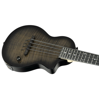 NEO-BS-TGB, modèle Ukebass, pan coupé, EQ MagusExpress, table érable flammé, corps okoumé, manche érable, housse, gris