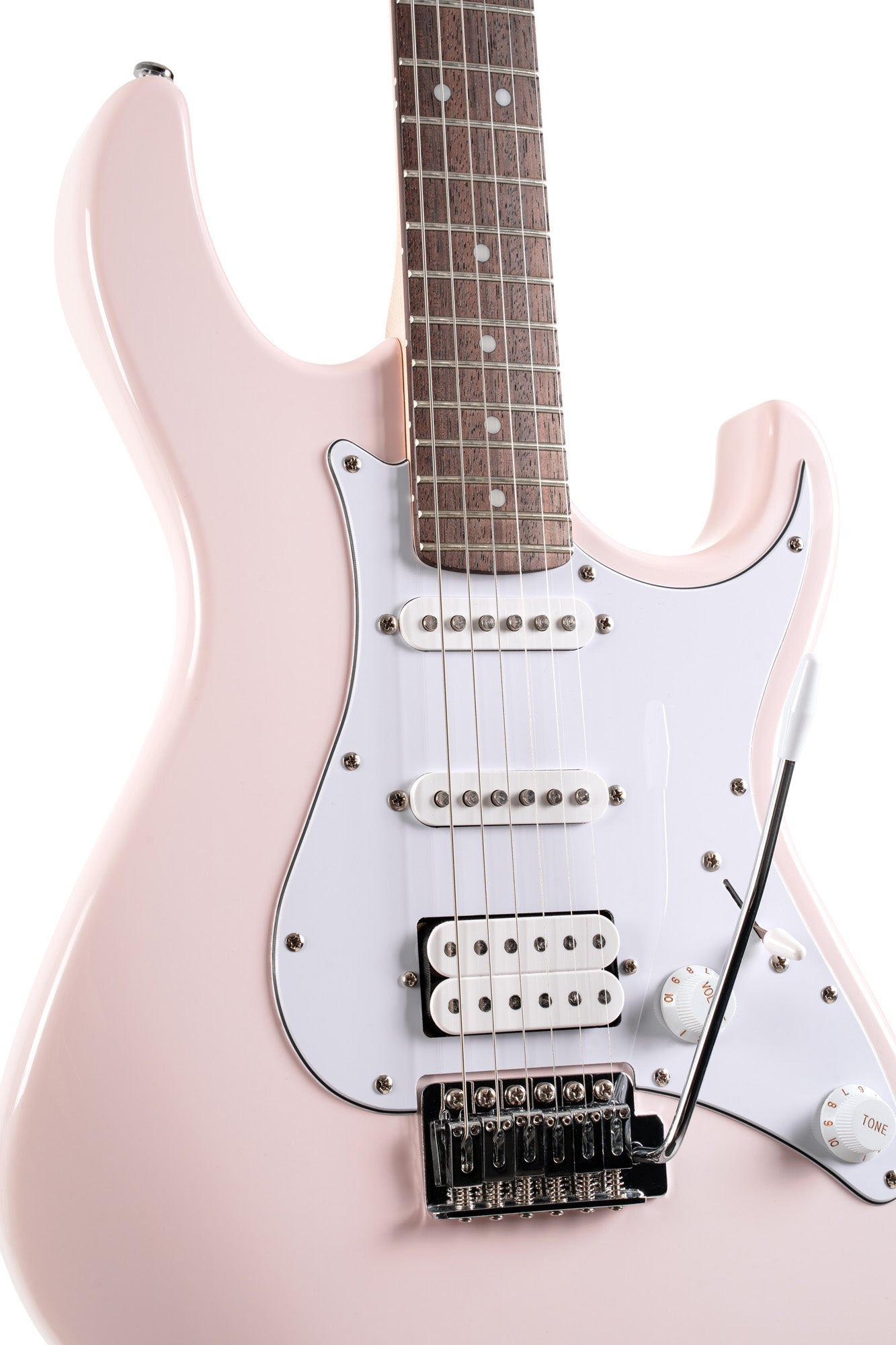 G200, corps peuplier, manche érable, touche jatoba , 2 micros simples et 1 double Powersound, plaque blanche, rose pastel