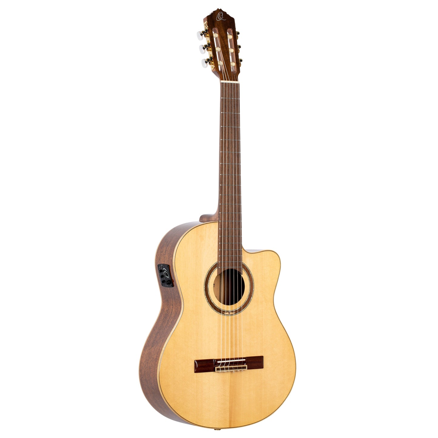 RCE138SN, modèle Slim Neck, pan coupé, EQ MagusPro, table épicéa massif, f/e sapele, manche acajou (sillet 48 mm), housse