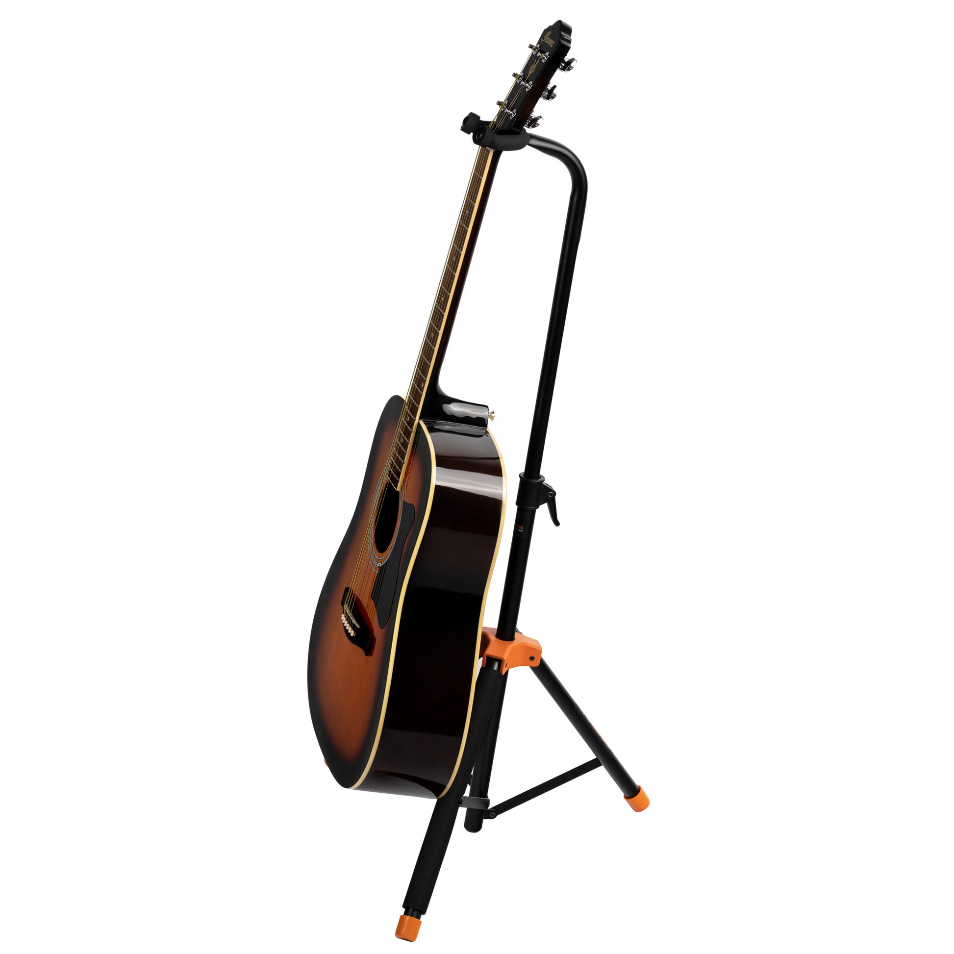 Support pour guitares, solide et léger, repliable, étriers avec revêtement néoprène, noir et orange