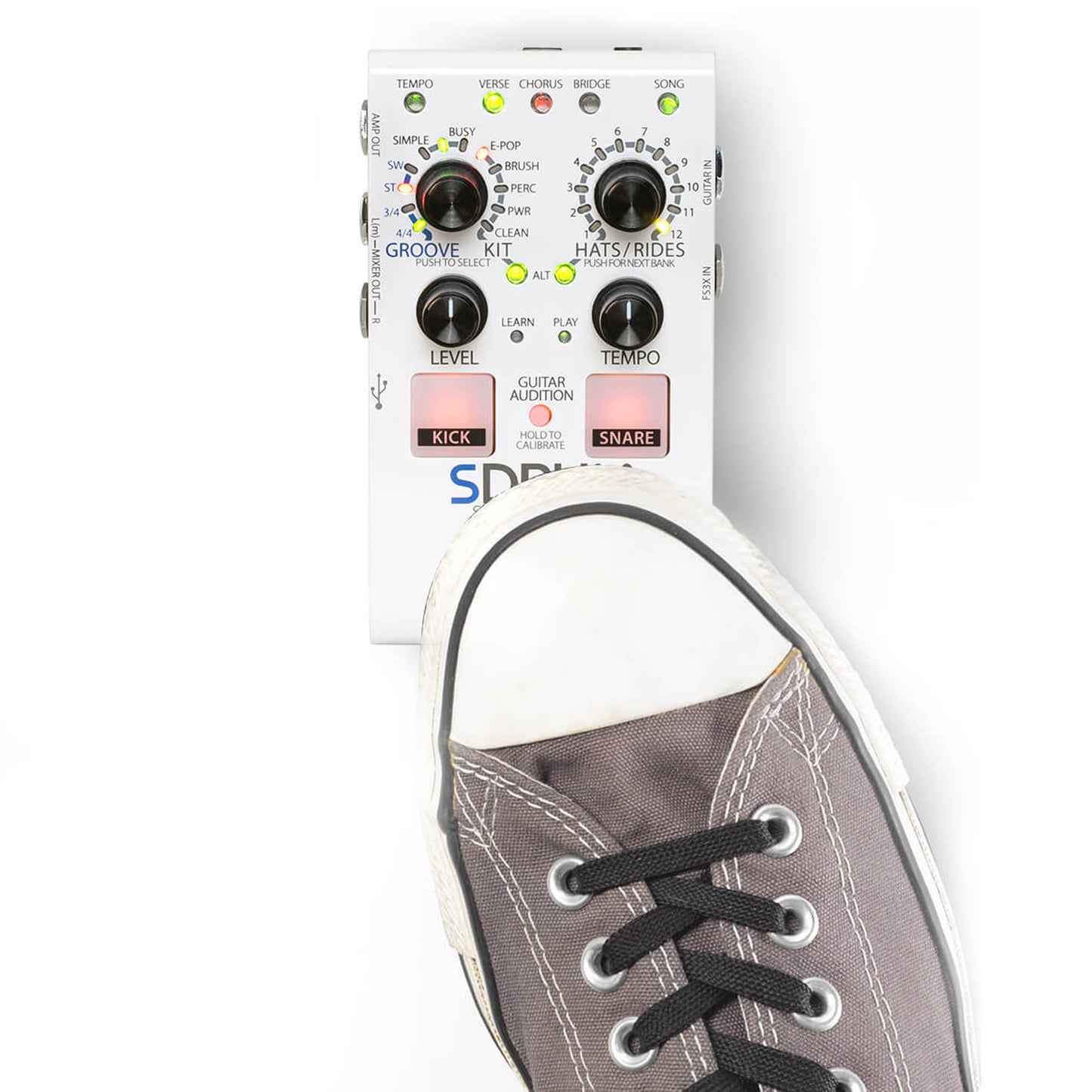 Pédale SDRUM, boîte à rythmes intelligente pour guitaristes et bassistes, 5 kits de batteries différents, blanc