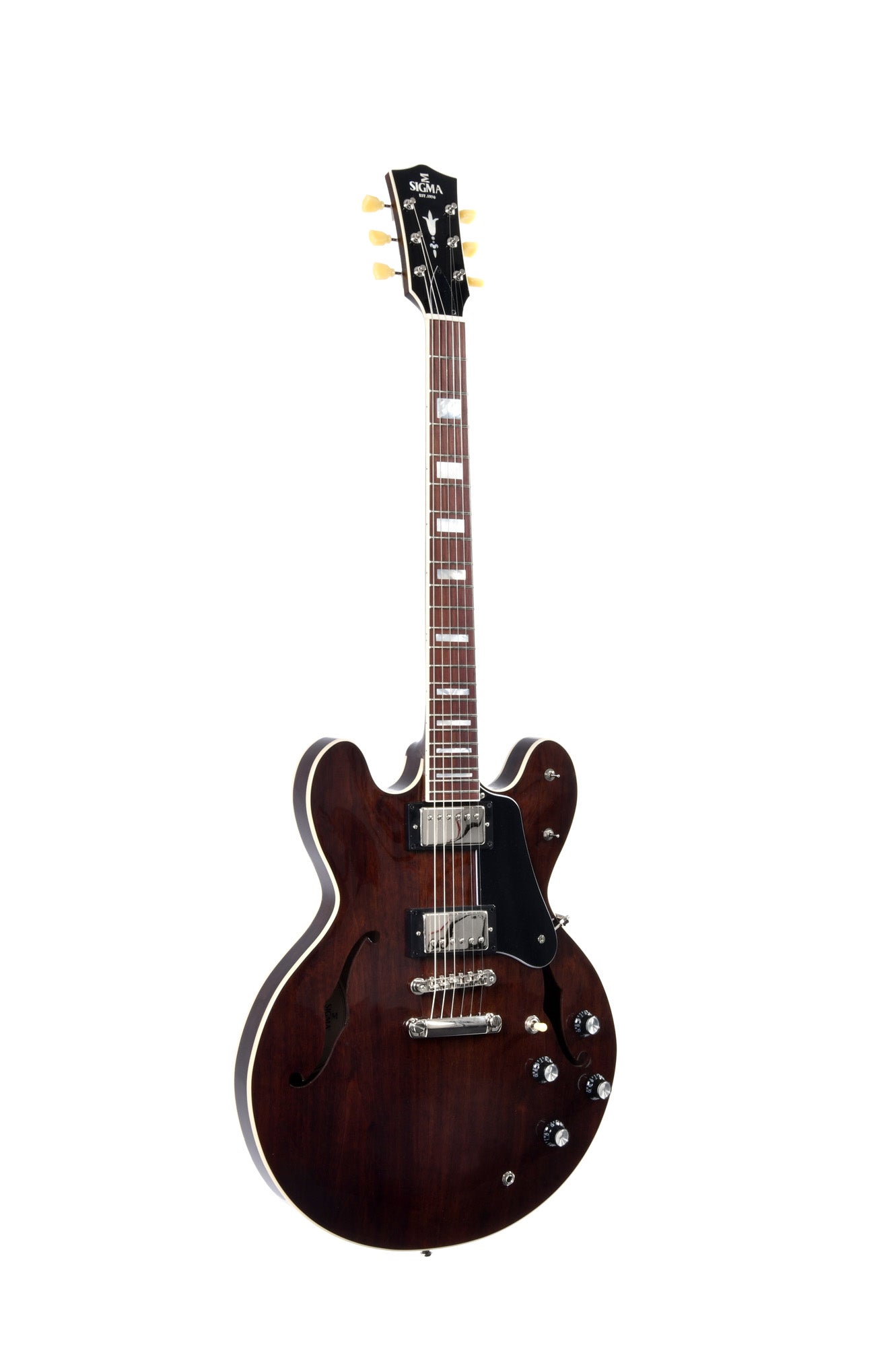 Modèle HBW-102H, Forme Semi-Hollow, table noyer noir, f/e noyer noir, touche palissandre, 2 micros Humbucker, dark stain, étui