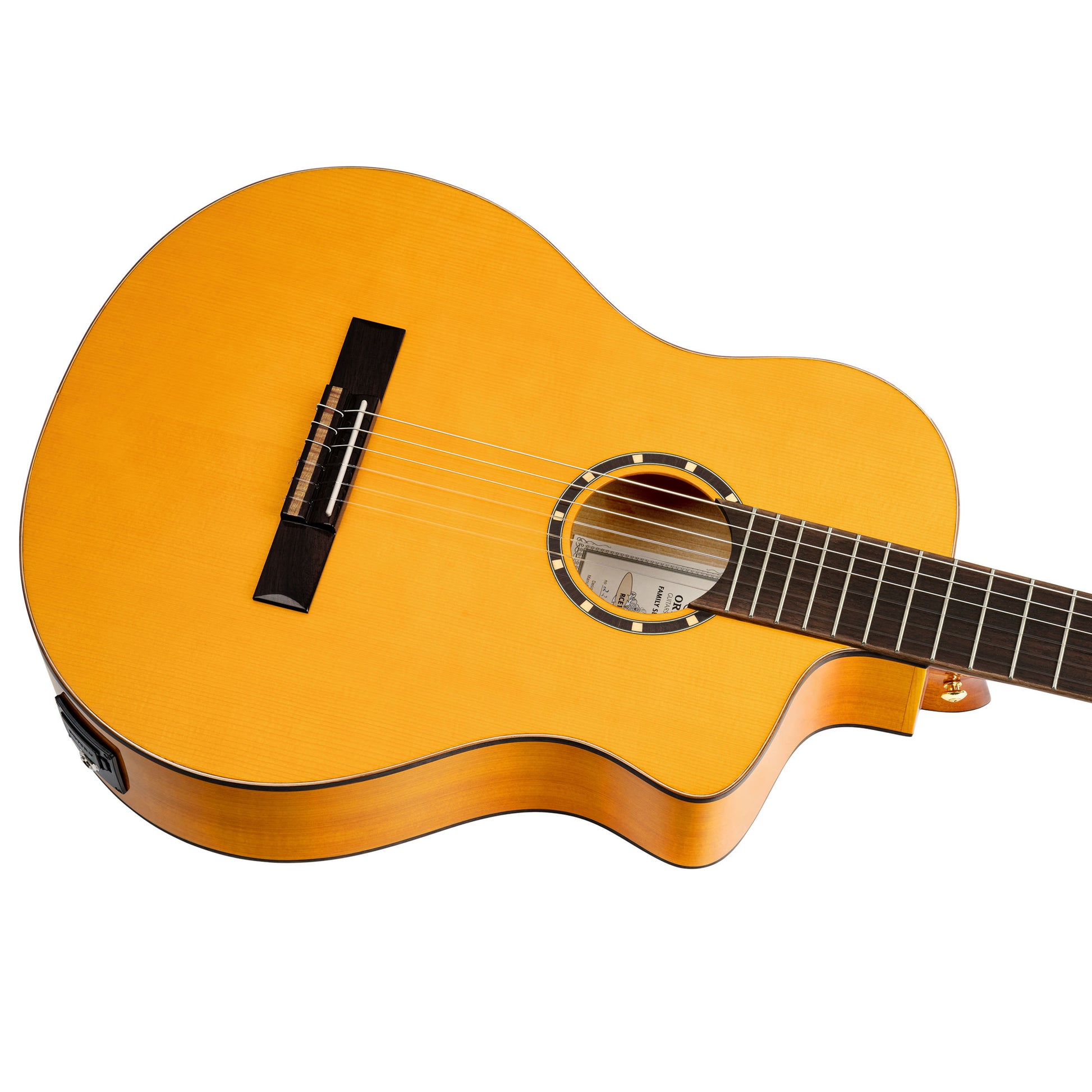 RCE170F, modèle Flamenco, pan coupé, EQ MagusPro, table épicéa massif, fond & éclisses cyprès, housse, naturel brillant