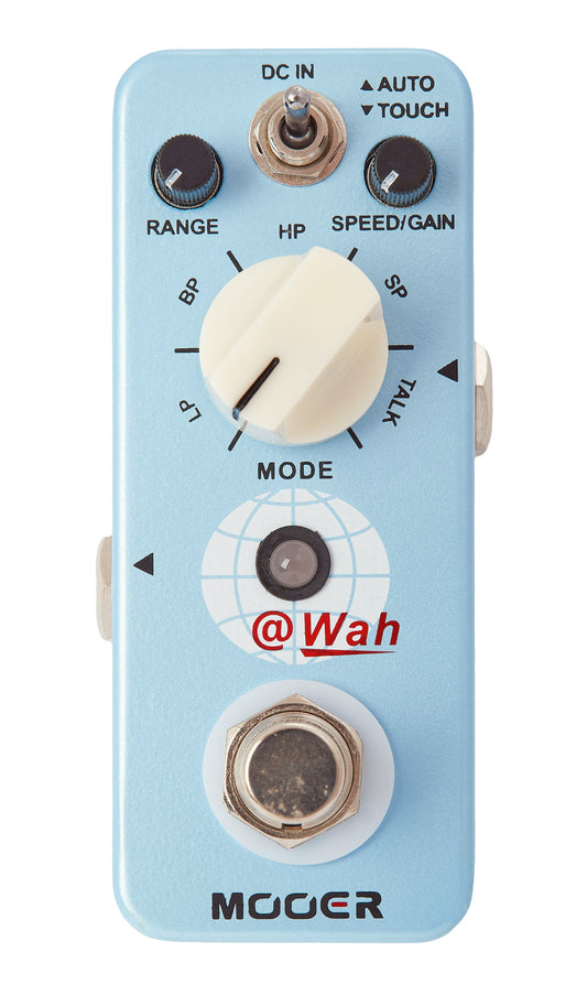 Pédale WAH, wah-wah automatique 2 modes (Auto/Touch), 5 filtres différents, boîtier métal, true bypass, bleu ciel
