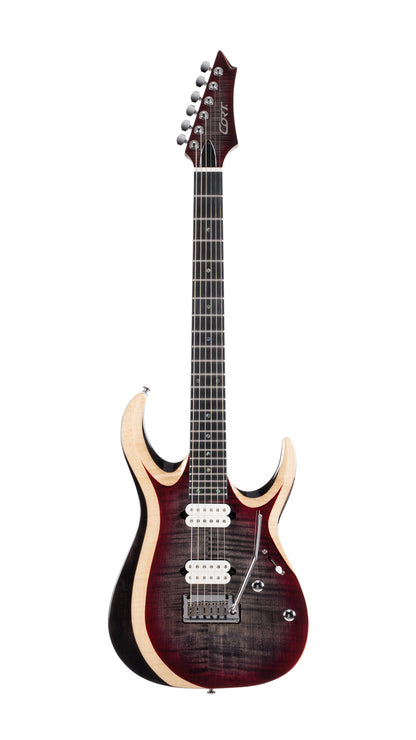 X700 Duality II, corps acajou, table érable flammé, touche ébène, trémolo CFA-III, micros Fishman Fluence, housse, lava burst