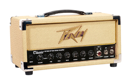 Tête amplifiée à lampes compact 20W, 2 canaux, EQ 3 bandes, Reverb, pédalier inclus, sortie DI, sortie casque, finition tweed