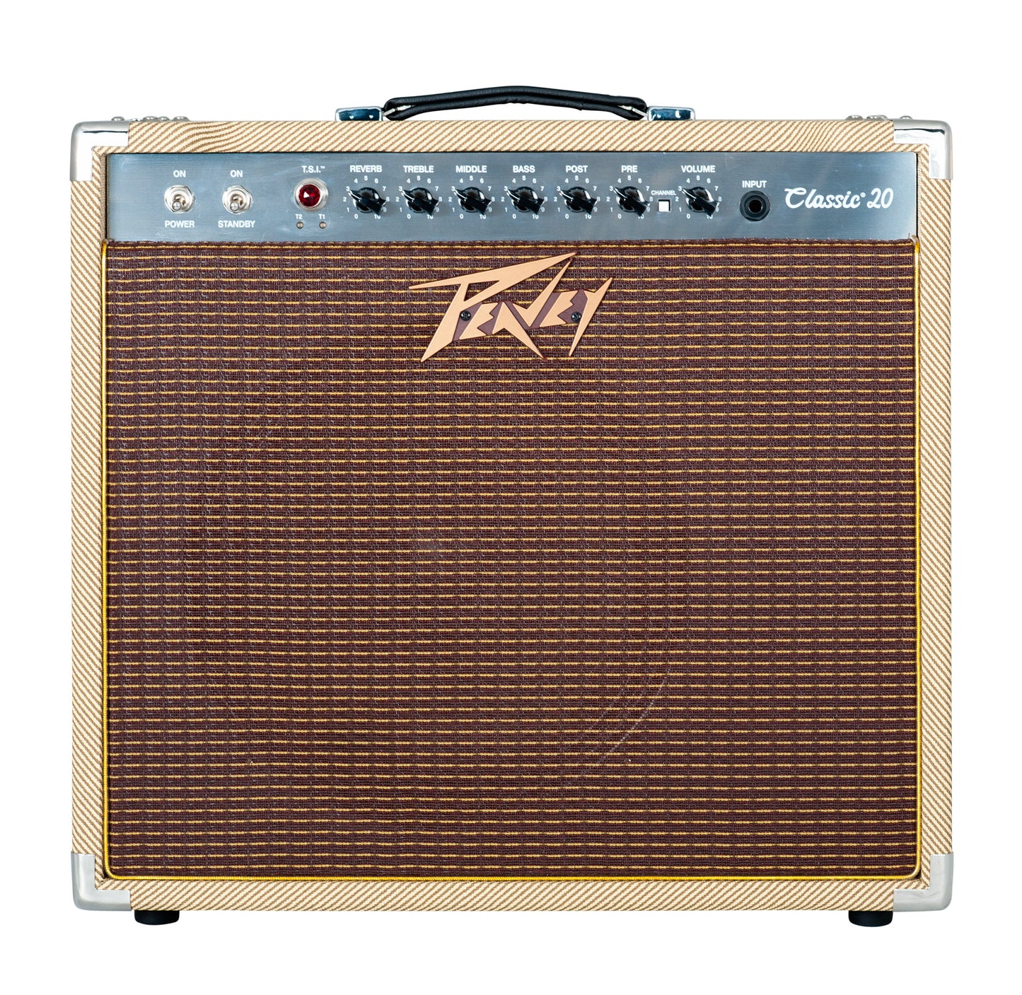 Ampli à lampes 20W, HP 1x 12", 2 canaux, EQ 3 bandes, Reverb intégrée, pédalier inclus, sortie DI, sortie casque, finition tweed
