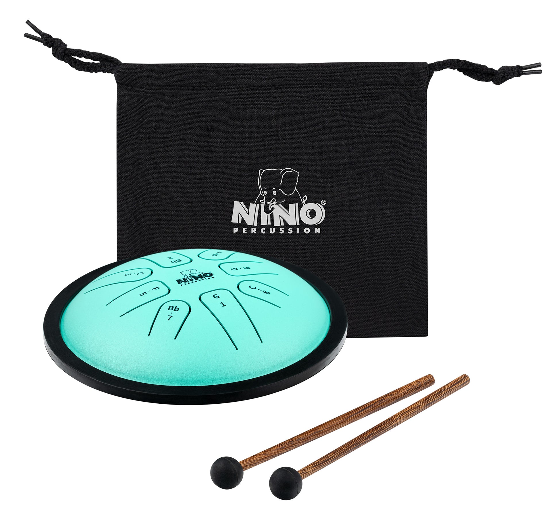 Small tongue drum vert NINO Sol mineur avec mailloches en caoutchouc et sac de transport