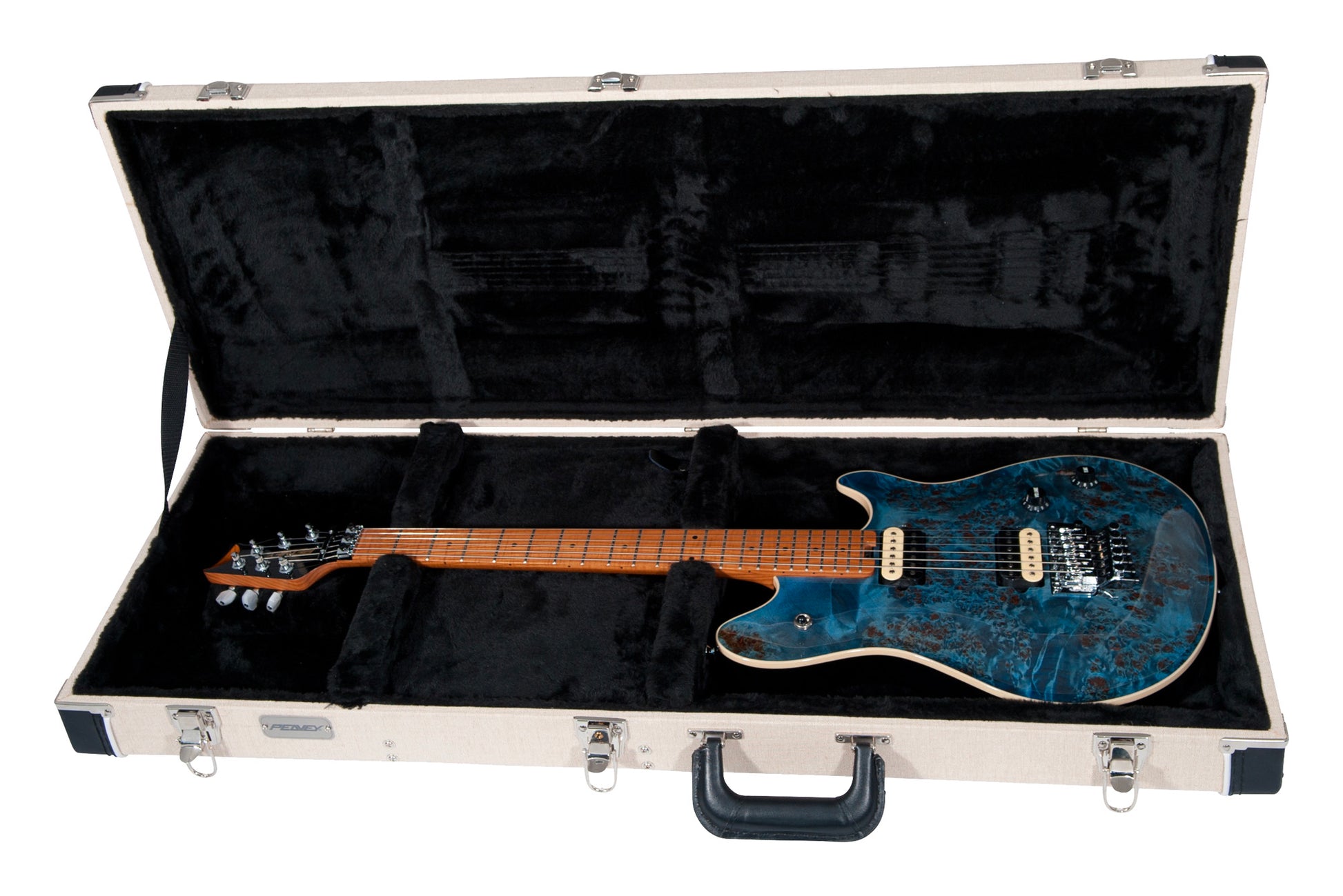 HP2 Poplar Burl, corps tilleul/érable flammé, manche érable flammé, Floyd sous licence, 2 micros Humbucker, finition Trans Blue