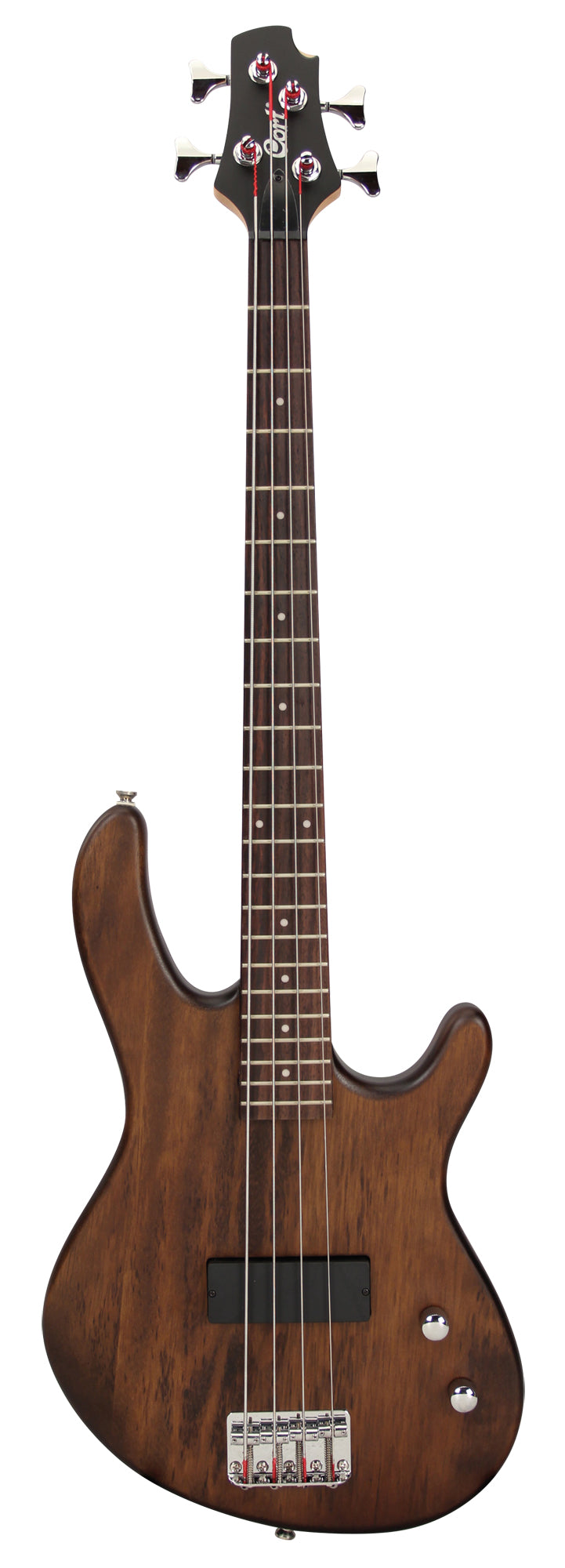 Action Junior, 4 cordes, diapason 30", corps agathis, manche érable, touche jatoba, 1 micro double, noyer pores ouverts