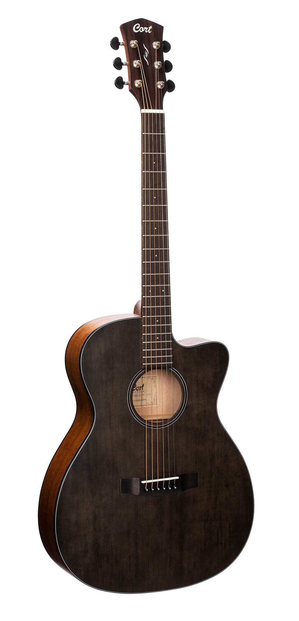 CORE-OC, forme OM, table épicéa massif, f/e acajou massif, sillets os, EQ Fishman Sonitone, soft case, noir pores ouverts